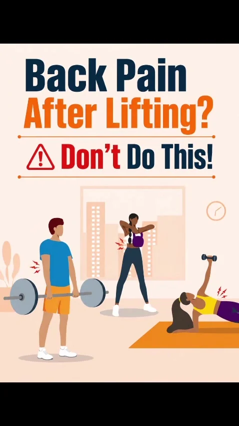 Illustrated card reading Back Pain After Lifting, three cartoon figures lifting weights with red back-pain marks