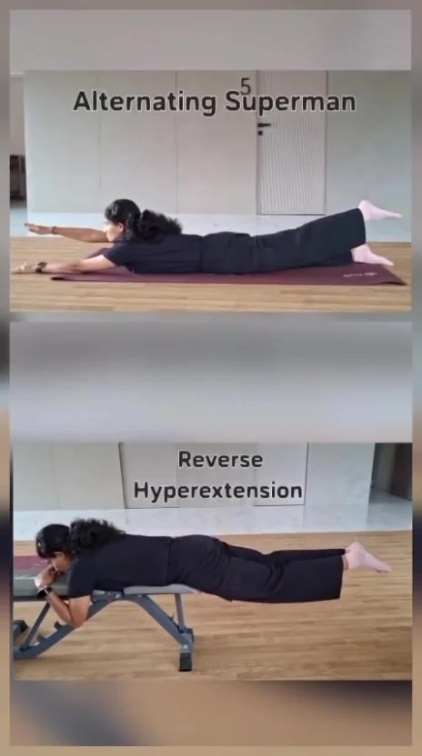 Woman lifts one arm and the opposite leg while prone; below she raises both legs over a bench.