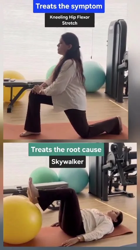 Two-panel comparison labelled Kneeling Hip Flexor Stretch above and Skywalker below: a half-kneeling lunge on a mat, and the same woman lying face up on an orange floor mat with both legs raised and knees bent, a yellow gym ball beside her