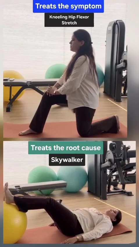Woman half-kneels on a mat in a gym; below she lies on her back.